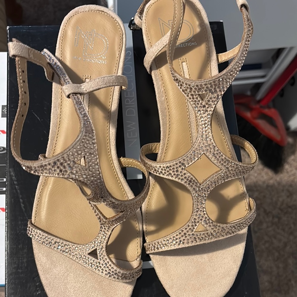 New Directions Tan Sandals with Rhinestone Embellishments worn once